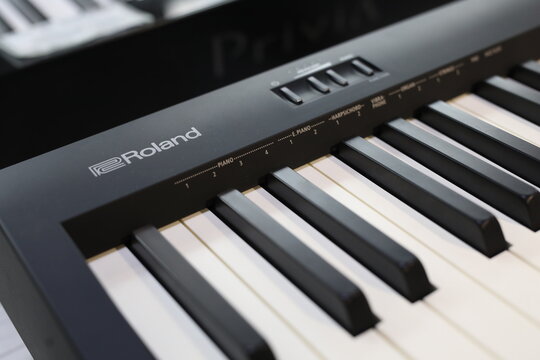 Closeup of Roland keyboard piano. 27.02.2026 Minsk Belarus.