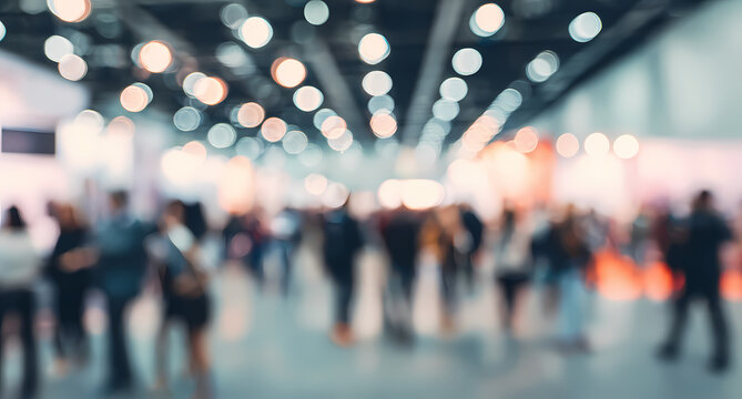 Arte abstracto de una feria profesional animada con multitud en movimiento e iluminaci&oacute;n c&aacute;lida