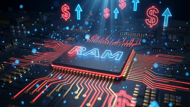 RAM chip glowing on a circuit board with dollar symbols, rising memory prices, ai data centers demand, hardware shortage, tech market inflation.