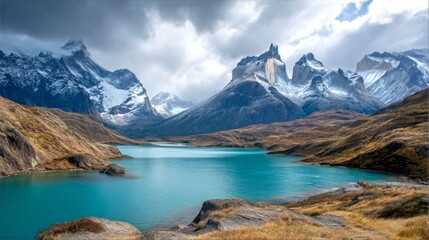 A breathtaking view of majestic mountains and a serene lake. The dramatic skies add depth to this stunning landscape. Perfect for nature lovers and adventure seekers. AI