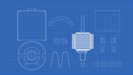 Fototapeta premium Technical Drawing DC Electric Motor Blueprint Complete Disassembly. 3D rendering isolated on blue background. 3D Mesh, Sketch, Vector style. Ideal for educational, engineering, and industrial design