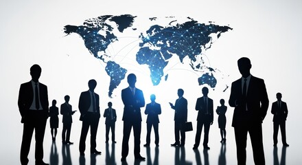Global Business Team Silhouettes Standing Before Digital World Map