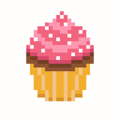 Pixel art icon of a cupcake in retro 8 bit style. Crispy tasty pastry illustration. Perfect for apps, games, menus, and digital design projects. 