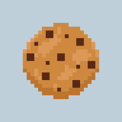 Pixel art icon of a cookie with chocolate in 8 bit style. Sweet dessert illustration symbolizing breakfest, confectionery, snack, and indulgence. Perfect for games, apps, menus, packaging