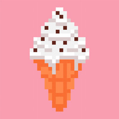 Pixel art icon of ice cream cone in 8 bit style. Sweet vanilla soft serve with chocolate chips in waffle cone on pink background. Vector. Dessert illustration symbolizing summer treat, sweetness