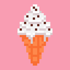 Pixel art icon of ice cream in 8 bit style. Sweet vanilla soft serve with chocolate chips in waffle cone. Dessert illustration symbolizing summer treat, sweetness, and cafe menu item. 
