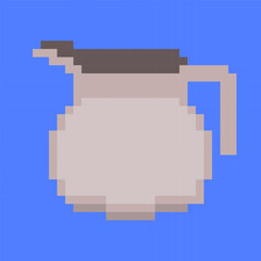 Pixel art icon of milk jug in 8 bit style. Minimalistic dairy pitcher filled with milk on blue background. Farm fresh product illustration symbolizing breakfast, healthy nutrition, organic food