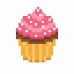 Pixel art icon of a cupcake in retro 8 bit style. Crispy tasty pastry illustration. Perfect for apps, games, menus, and digital design projects. Vector