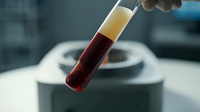 Close-Up of Centrifuged Blood Sample in Test Tube Held by Gloved Hand Over Laboratory Equipment