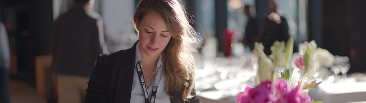 A realistic event planner coordinates logistics for a charity gala, liaising with vendors and managing schedules. The venue is modern and clear, with high clarity and sharp focus.