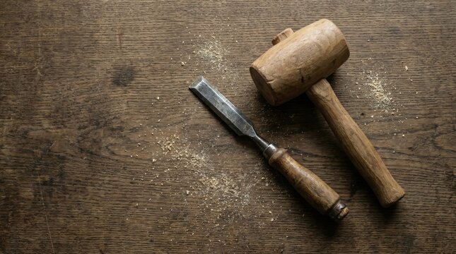 Wooden mallet and chisel on a rustic wooden surface