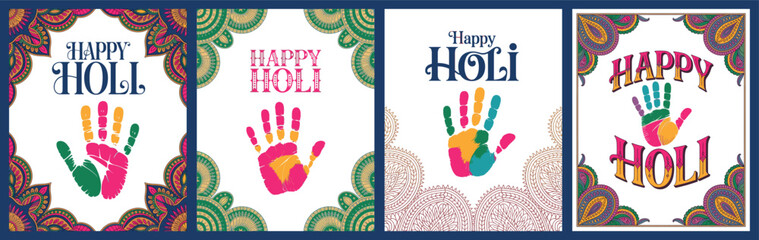 Obraz premium Happy Holi Celebration with Colorful Handprints and Decorative Patterns