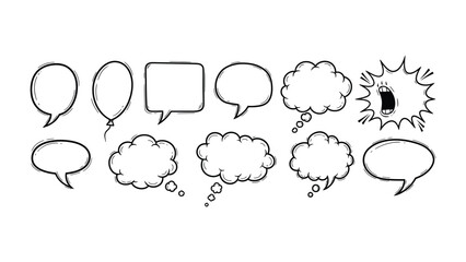 Dialogue Bubbles Galore: A collection of various hand-drawn speech bubbles, perfect for illustrating diverse thoughts, conversations, and expressions. The design, perfect for visual storytelling.