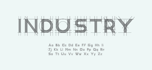 Blueprint font. Architectural typeface. Technical drawing alphabet with geometric construction guides, capital and lowercase letters, numbers, and symbols. Graphic vector illustration.  © crossover