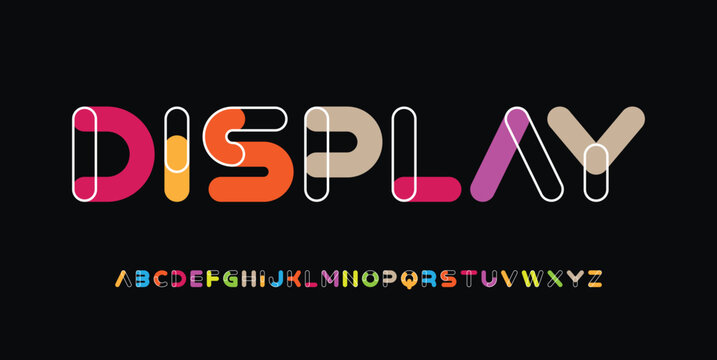 Creative font, digital cyber alphabet made multi-colored style, letters A, B, C, D, E, F, G, H, I, J, K, L, M, N, O, P, Q, R, S, T, U, V, W, X, Y, Z and numerals 0, 1, 2, 3, 4, 5, 6, 7, 8, 9