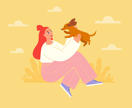 Happy girl with dog having fun. Vector illustration.
