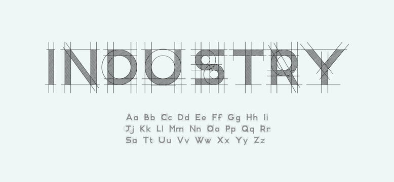 Blueprint font. Architectural typeface. Technical drawing alphabet with geometric construction guides, capital and lowercase letters, numbers, and symbols. Graphic vector illustration.
