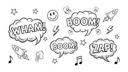 Comic book effects with Explosions: Dynamic illustrations of comic book elements, showcasing the iconic WHAM!, BOOM!, and ZAP! exclamations, paired with rockets, stars.