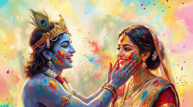 Lord Krishna Applying Colors to Radha Rani Holi Festival Art