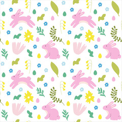 Obraz premium Spring Floral Easter Composition with Bunnies, Seamless Pattern