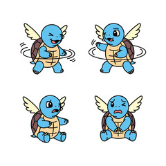 Cartoon turtle with wings expressing different emotions on white background