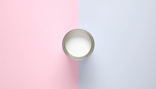 Open white paint can perfectly centered on a vibrant, equally split pink and blue background, symbolizing a neutral start for home decorating projects or a new beginning