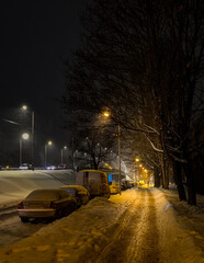 Obraz premium Snowy urban street at night with parked cars covered in snow and an illuminated bridge overhead. Streetlights glowing through falling snow create a moody winter city atmosphere.
