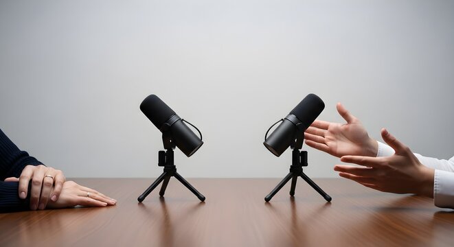 Two people sitting across from each other at a table with microphones on stands in a neutral background with a professional mood.