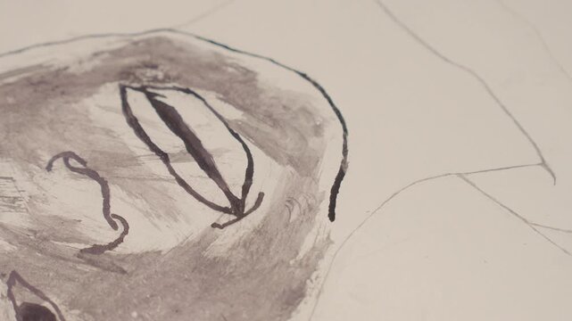 Black painting portrait ink wash face, delicate pencil outlines, closed eyes, sepia wash on textured paper, subtle shadows and muted tones, contemplative studio study capturing quiet expression