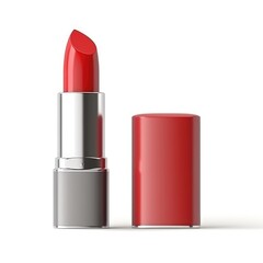 Obraz premium Minimalist red lipstick with metallic case isolated on clean white background