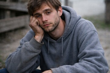 Obraz premium Young man with a tired, pensive expression and dirty hand, wearing a grey hoodie, looking directly at the camera.