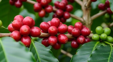 Obraz premium Ripe red coffee cherries on coffee tree branch with detailed fruit texture, natural daylight, tropical plantation and fresh harvest concept.