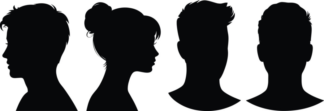 Male and female head silhouettes profile and front view set black avatar illustration vector