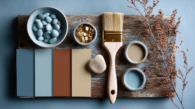 Home decor color palette with paint brush and natural elements flat lay