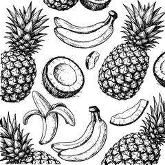 Hand drawn black and white seamless pattern of tropical fruits pineapple banana coconut © HasnaHena55