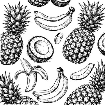 Hand drawn black and white seamless pattern of tropical fruits pineapple banana coconut