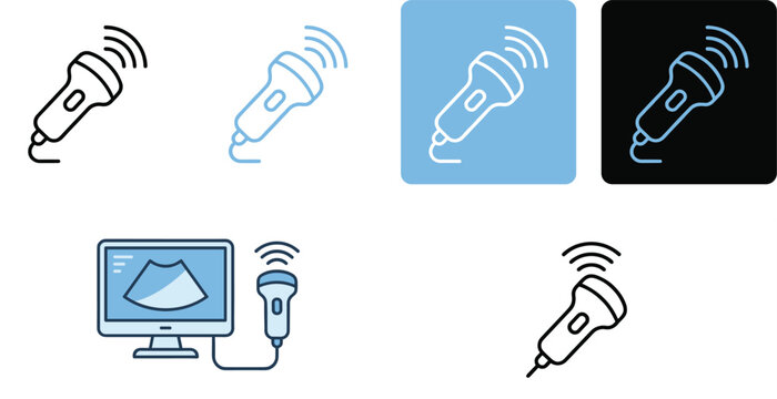 Wireless Ultrasound Scanner Line Icon Set with Portable Medical Probe and Diagnostic Imaging Monitor