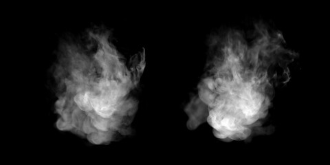 Thick white smoke cloud isolated on black background, dramatic vapor explosion texture with dense...