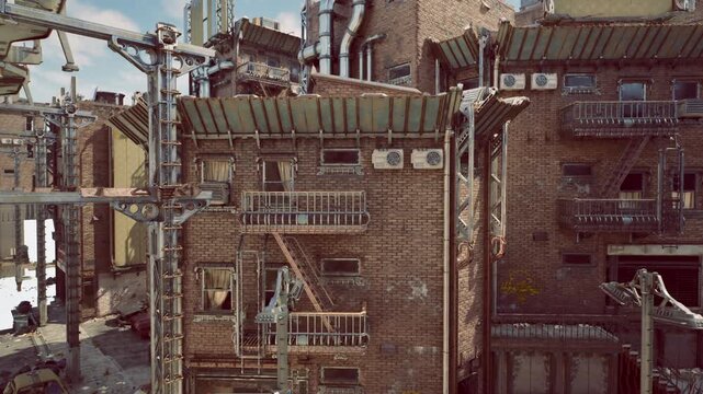 Backstreet industrial corner with brick wall, vents, signage and scattered debris, distant street elements and muted sky create authentic urban grit