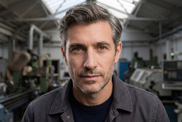 Portrait of a professional engineer or factory worker standing in a modern industrial manufacturing workshop with machinery in the background.