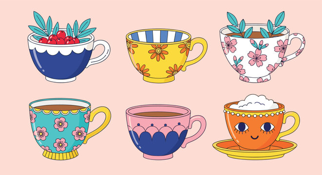 Minimalist scandinavian teacup vector set with pastel ceramic coffee mugs and geometric patterns