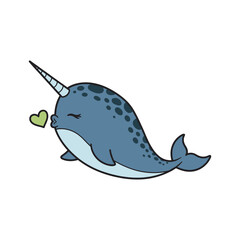Cute cartoon narwhal blowing a heart on white background © Jamila Store