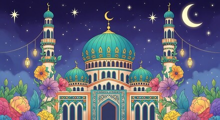 Vibrant Mosque at Night with Floral Decor