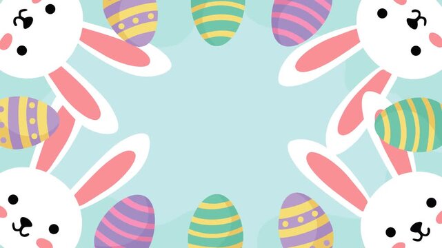 Festive Happy Easter footage featuring cute white bunnies, colorful striped eggs, and small spring flowers surrounding stylish lettering on a soft pastel background. Perfect for holiday greetings