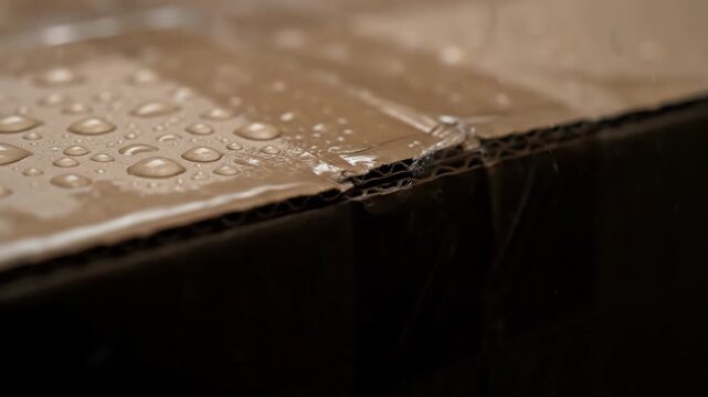 Close-up of cardboard box surface with water droplets reflecting light. Concept: water damage, fragile goods, shipping, delivery.