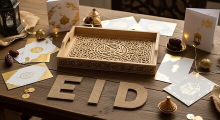 Eid Mubarak Celebration with Decorations and Cards