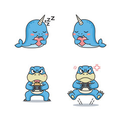 Cartoon narwhal character in various yoga and relaxation poses with copy space © Jamila Store