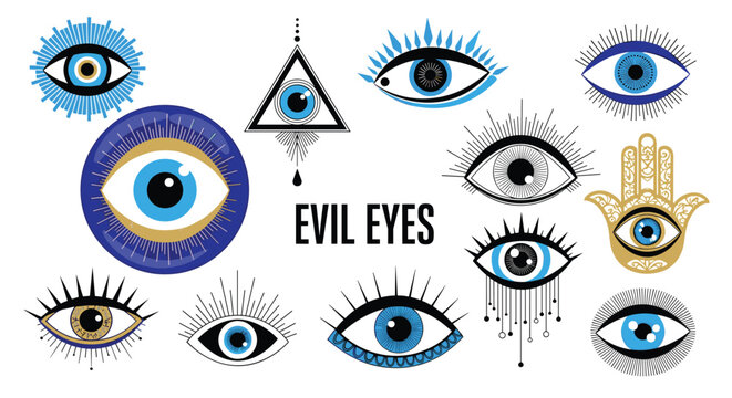 Modern evil eye vector set with blue nazar charms and mystical protection symbols isolated on white