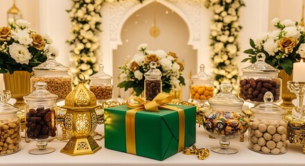 Elegant Ramadan or Eid gift table with dates and sweets