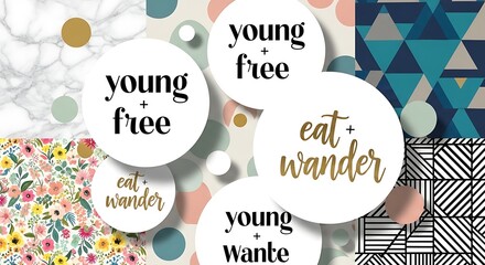 Collage of travel and food phrases on colorful backgrounds